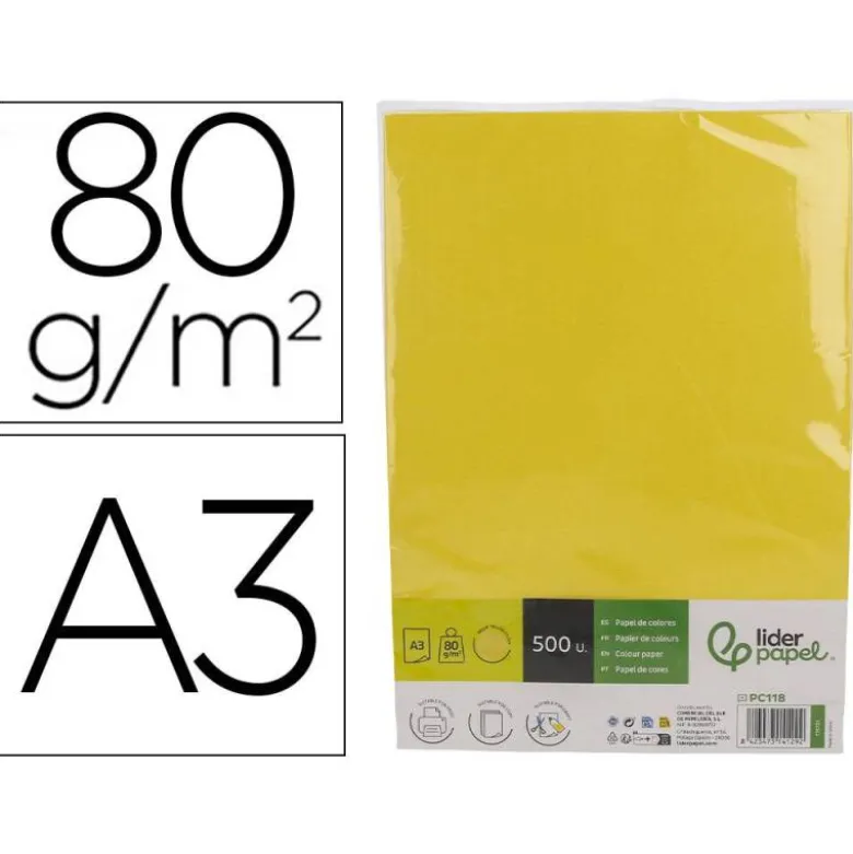 PAPEL COLOR LIDERPAPEL DIN A3 80 GR AMARILLO INTENSO PAQUETE DE 500 HOJAS