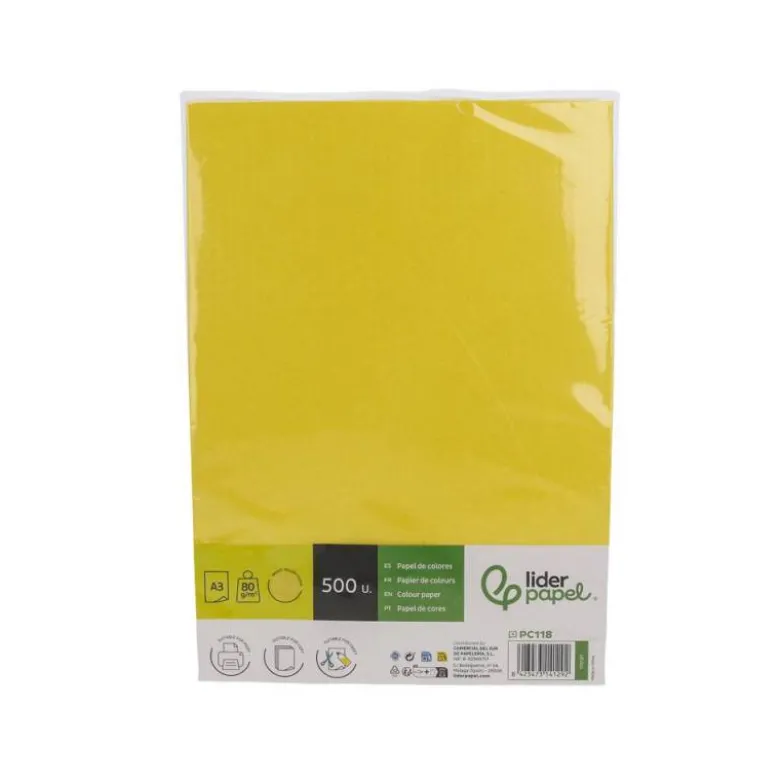PAPEL COLOR LIDERPAPEL DIN A3 80 GR AMARILLO INTENSO PAQUETE DE 500 HOJAS