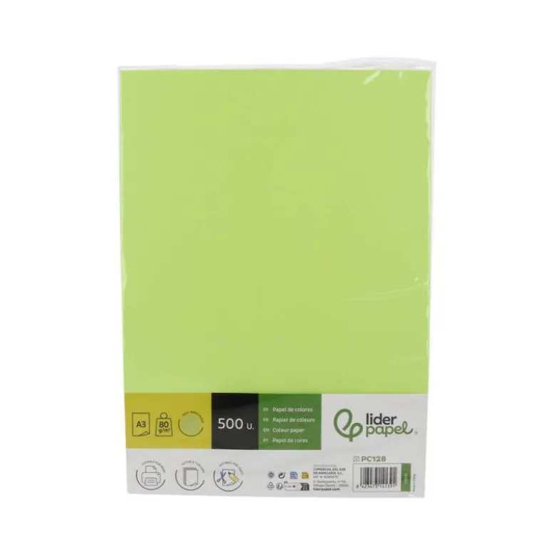 PAPEL COLOR LIDERPAPEL DIN A3 80 GR VERDE NEON PAQUETE DE 500 HOJAS