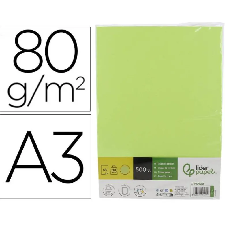 PAPEL COLOR LIDERPAPEL DIN A3 80 GR VERDE NEON PAQUETE DE 500 HOJAS