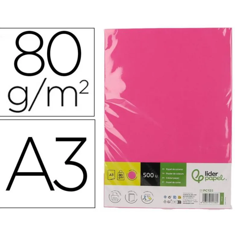 PAPEL COLOR LIDERPAPEL DIN A3 80 GR ROSA INTENSO PAQUETE DE 500 HOJAS