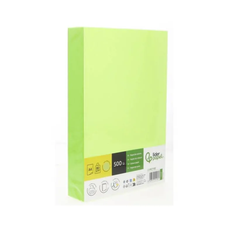 PAPEL COLOR LIDERPAPEL DIN A4 80 GR VERDE NEON PAQUETE DE 500 HOJAS