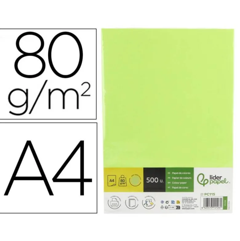 PAPEL COLOR LIDERPAPEL DIN A4 80 GR VERDE NEON PAQUETE DE 500 HOJAS