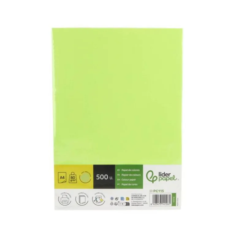 PAPEL COLOR LIDERPAPEL DIN A4 80 GR VERDE NEON PAQUETE DE 500 HOJAS