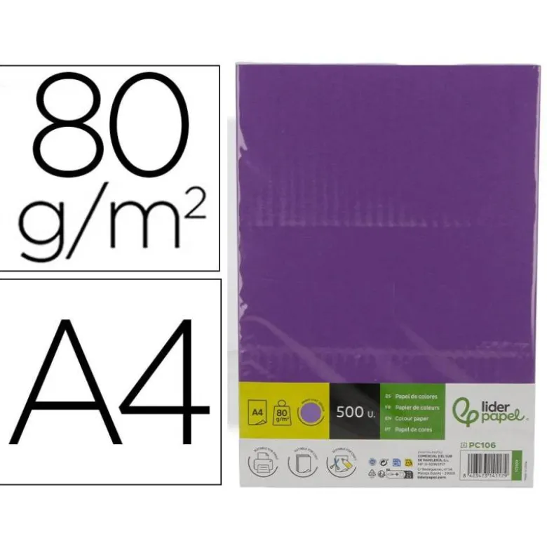 PAPEL COLOR LIDERPAPEL DIN A4 80 GR LILA INTENSO PAQUETE DE 500 HOJAS