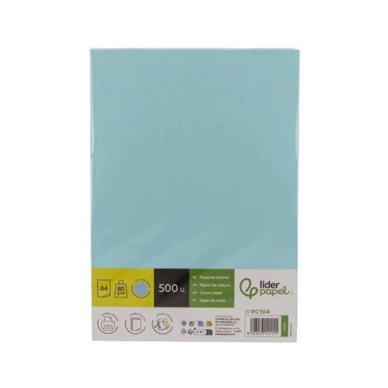 PAPEL COLOR LIDERPAPEL DIN A4 80 GR CELESTE PAQUETE DE 500 HOJAS