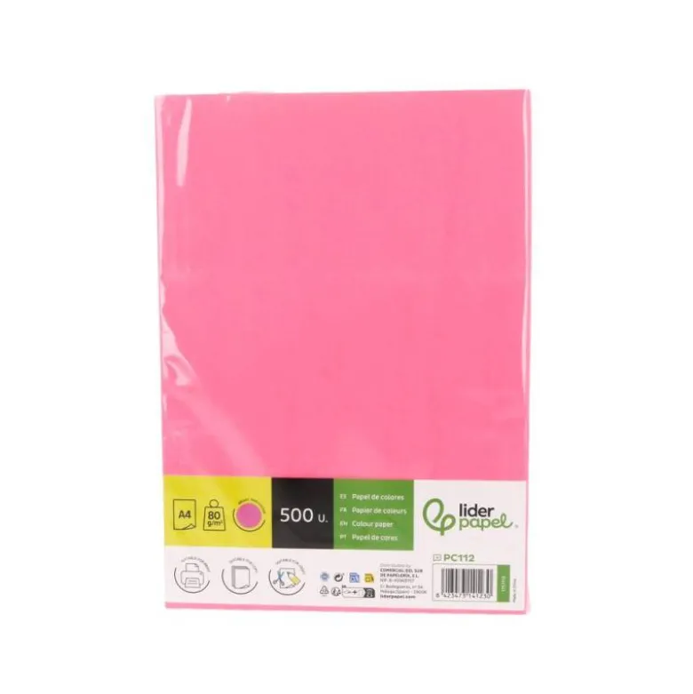 PAPEL COLOR LIDERPAPEL DIN A4 80 GR ROSA NEON PAQUETE DE 500 HOJAS