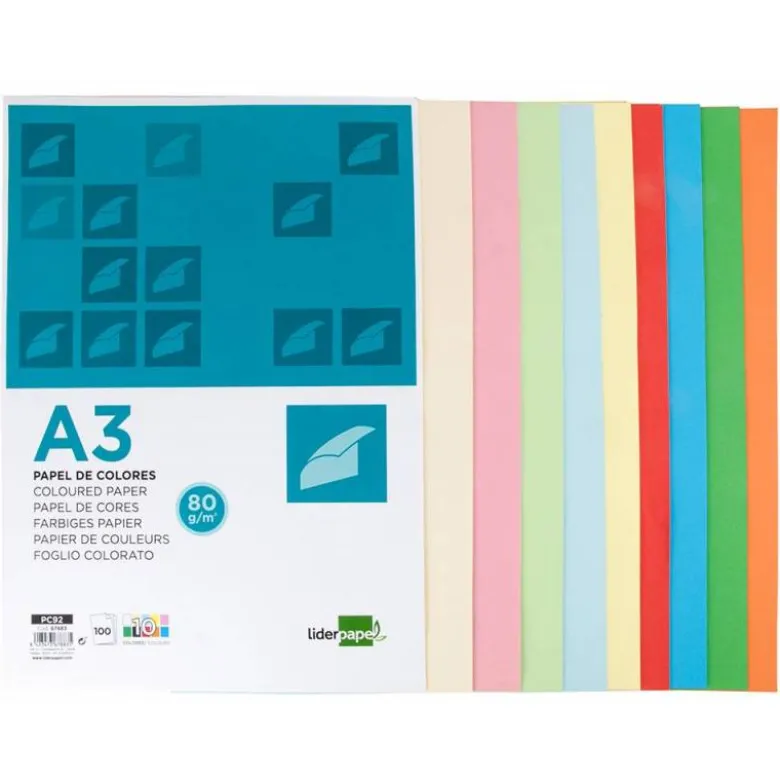 PAPEL COLOR LIDERPAPEL A3 80GR/M2 10 COLORES SURTIDOS PAQUETE 100 HOJAS
