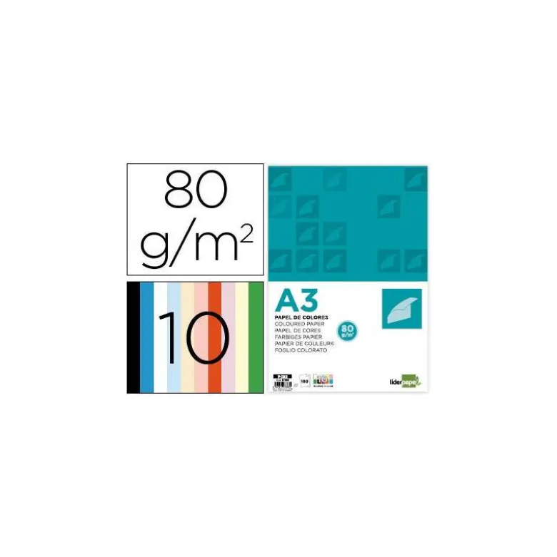 PAPEL COLOR LIDERPAPEL A3 80GR/M2 10 COLORES SURTIDOS PAQUETE 100 HOJAS