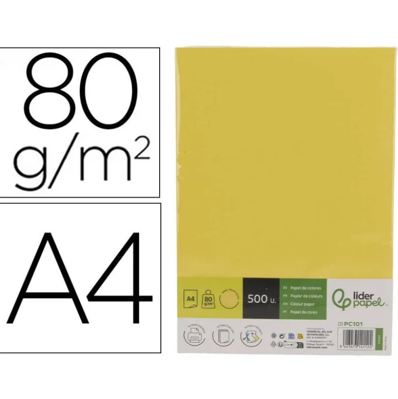 PAPEL COLOR LIDERPAPEL DIN A4 80 GR AMARILLO INTENSO PAQUETE DE 500 HOJAS