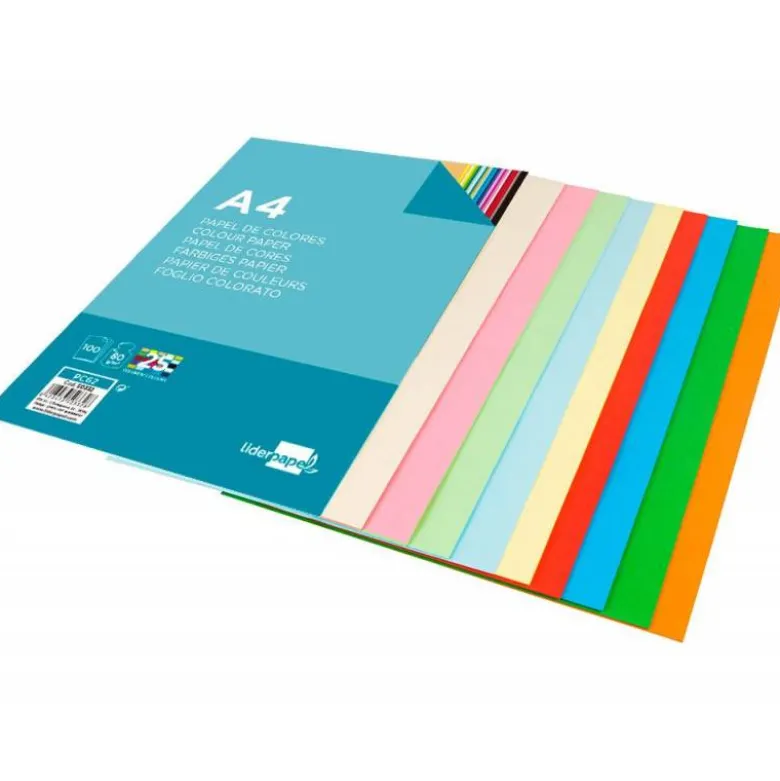Papel color Liderpapel tamaño A4 80 g/m2 pack 100 hojas 25 Colores Surtidos