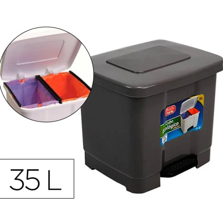 PAPELERA CONTENEDOR PLASTICFORTE PLASTICO CON PEDAL 2 COMPARTIMENTOS 35 LITROS GRIS OSCURO