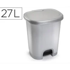 PAPELERA CONTENEDOR PLASTICFORTE PLASTICO CON TAPADERA Y PEDAL 27 LITROS COLOR PLATA 380X320X450 MM