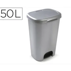PAPELERA CONTENEDOR PLASTICFORTE PLASTICO CON TAPADERA Y PEDAL 50 LITROS COLOR PLATA 410X360X635 MM