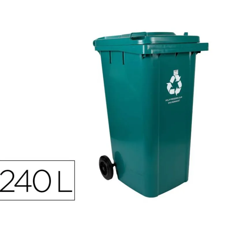 PAPELERA CONTENEDOR Q-CONNECT PLASTICO CON TAPADERA Y RUEDAS 240 LITROS 1040X620X610 MM VERDE