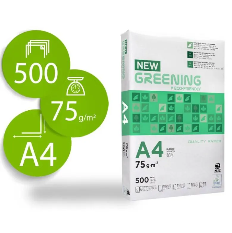 PAPEL FOTOCOPIADORA GREENING DIN A4 75 GRAMOS PAQUETE DE 500 HOJAS