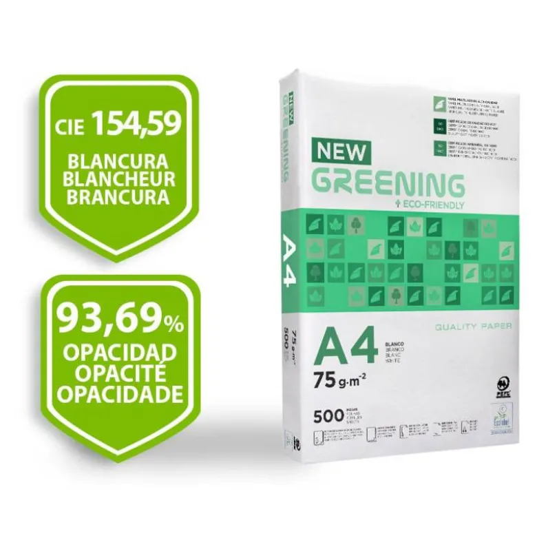 PAPEL FOTOCOPIADORA GREENING DIN A4 75 GRAMOS PAQUETE DE 500 HOJAS