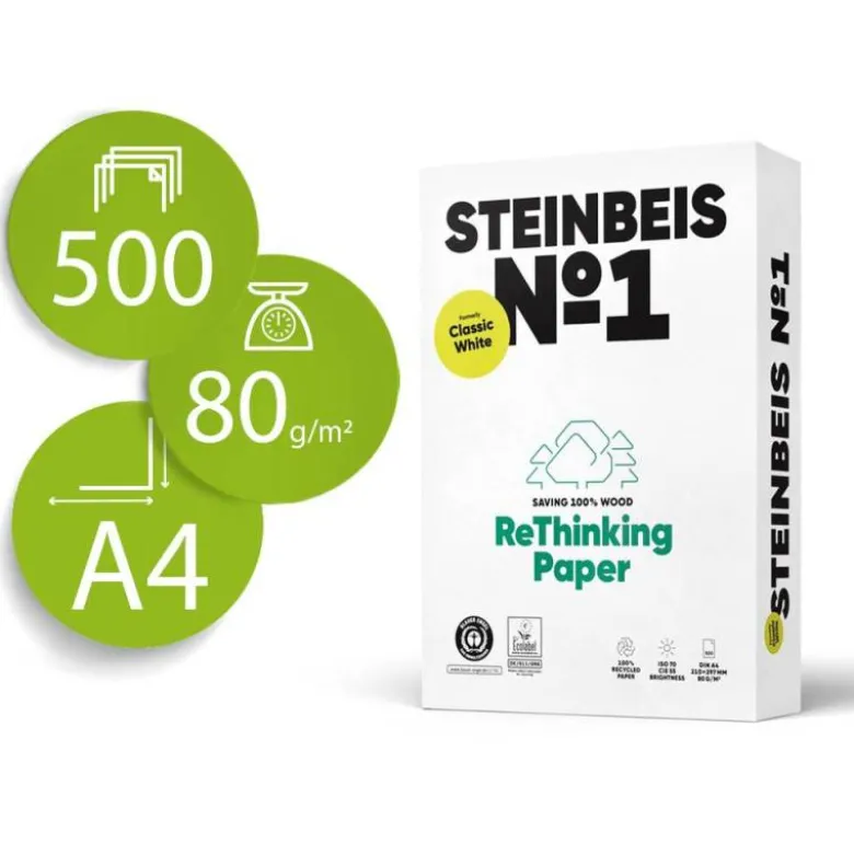 PAPEL FOTOCOPIADORA STEINBEIS N.1 100% RECICLADO DIN A4 80 GRAMOS PAQUETE DE 500 HOJAS