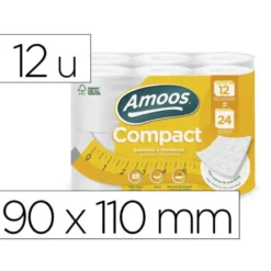 PAPEL HIGIENICO AMOOS 2 CAPAS 110 MM DIAMETRO X 90 MM ALTO 30 GR/M2 PAQUETE DE 12 ROLLOS