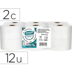 PAPEL HIGIENICO AMOOS JUMBO INDUSTRIAL MISSION CARE EXTRACCION CENTRAL 2 CAPAS 33G/M2 PAQUETE DE 12 ROLLOS
