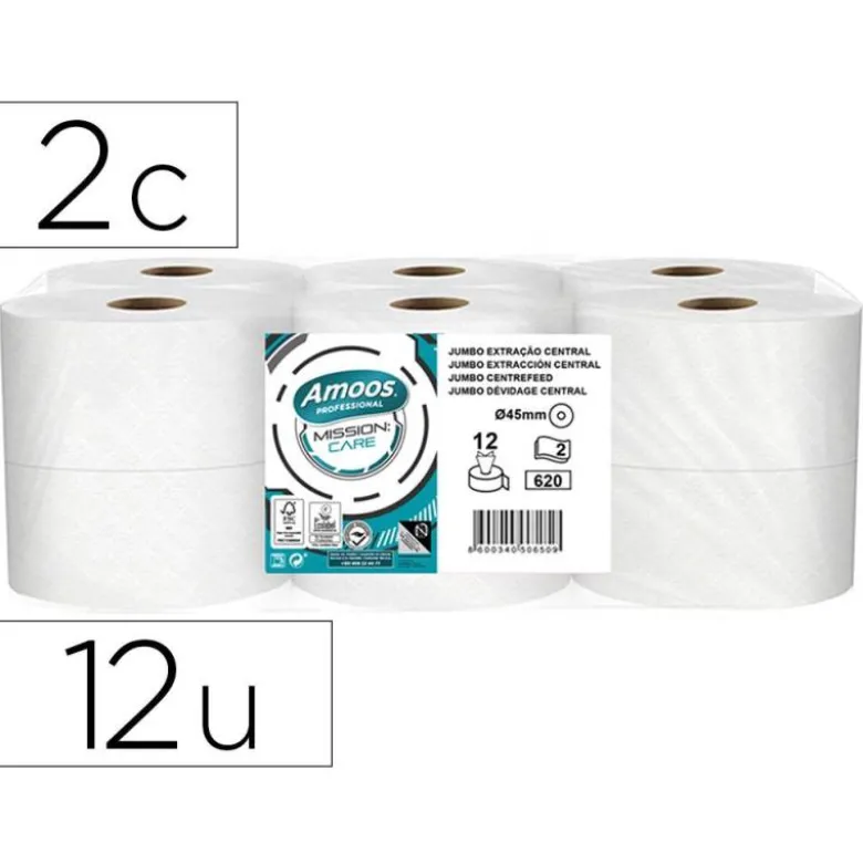 PAPEL HIGIENICO AMOOS JUMBO INDUSTRIAL MISSION CARE EXTRACCION CENTRAL 2 CAPAS 33G/M2 PAQUETE DE 12 ROLLOS