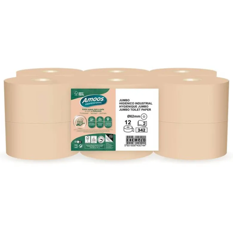 PAPEL HIGIENICO AMOOS NATURALLY JUMBO PROFESSIONAL 2 CAPAS PASTA CRUDA PAQUETE DE 6 ROLLOS 120 M