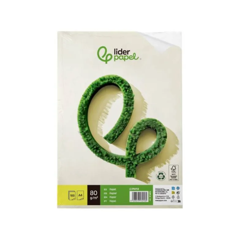 PAPEL LIDERPAPEL A4 80G/M2 RECICLADO LISO PAQUETE DE 100 HOJAS