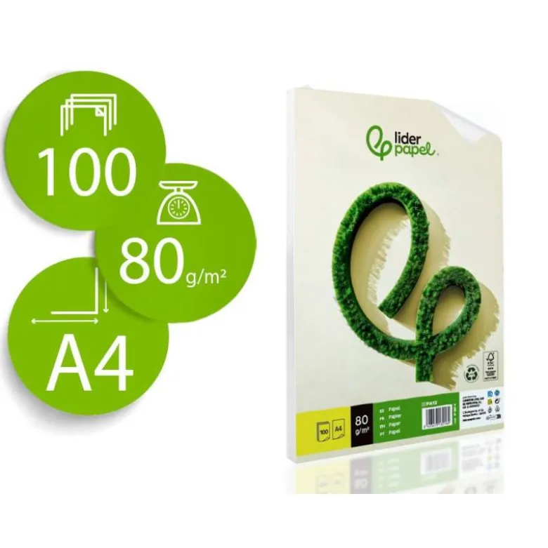 PAPEL LIDERPAPEL A4 80G/M2 RECICLADO LISO PAQUETE DE 100 HOJAS