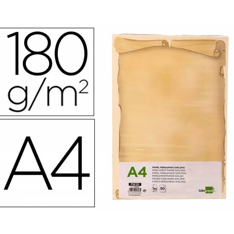 PAPEL PERGAMINO LIDERPAPEL DIN A4 DIPLOMA 180 G/M2 PAQUETE DE 50 HOJAS