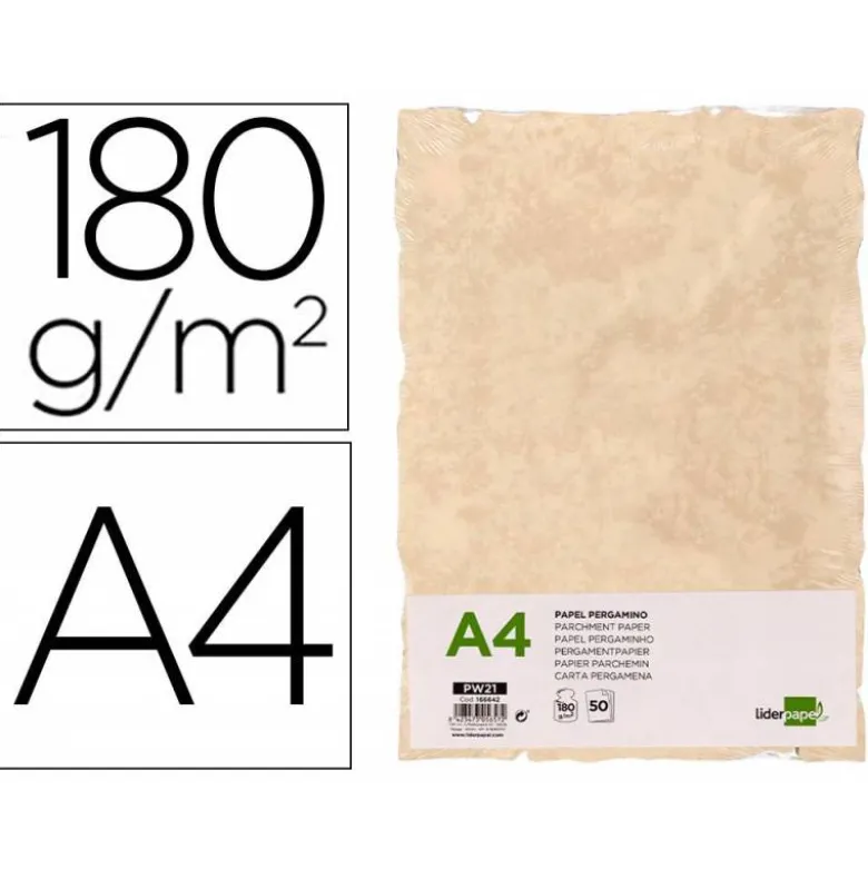 PAPEL PERGAMINO LIDERPAPEL DIN A4 CON BORDES 180G/M2 COLOR CREMA PAQUETE DE 50 HOJAS