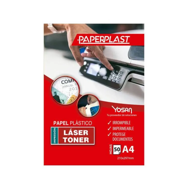 PAPEL PLASTICO YOSAN PAPERPLAST POLIESTER BLANCO BRILLO DIN A4 120 MC IMPRIMIBLE PAQUETE DE 50 HOJAS