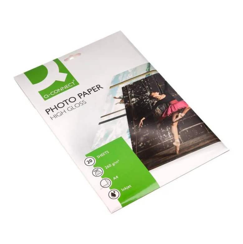 Papel Q-Connect foto glossy kf02163 Din A4 alta calidad digital photo. Bolsa de 20 hojas de 260 gr.