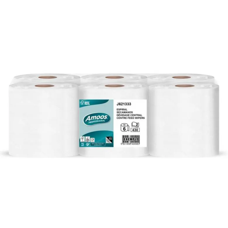 PAPEL SECAMANOS AMOOS EFFICIENCY PROFESSIONAL 2 CAPAS COLOR BLANCO PAQUETE DE 6 ROLLOS