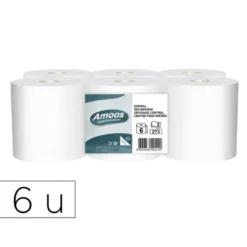 PAPEL SECAMANOS AMOOS INDUSTRIAL 2 CAPAS 32G/M2 BLANCO 90 MT PAQUETE DE 6 ROLLOS