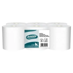 PAPEL SECAMANOS AMOOS INDUSTRIAL 2 CAPAS 32G/M2 BLANCO 90 MT PAQUETE DE 6 ROLLOS