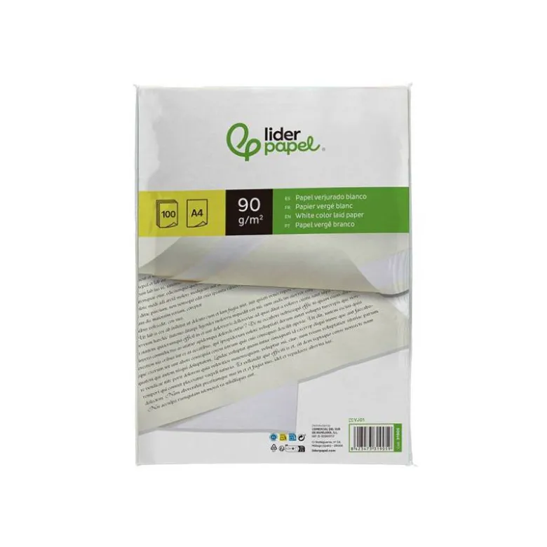 Papel verjurado liderpapel A4 90g/m2 blanco paquete de 100 hojas.