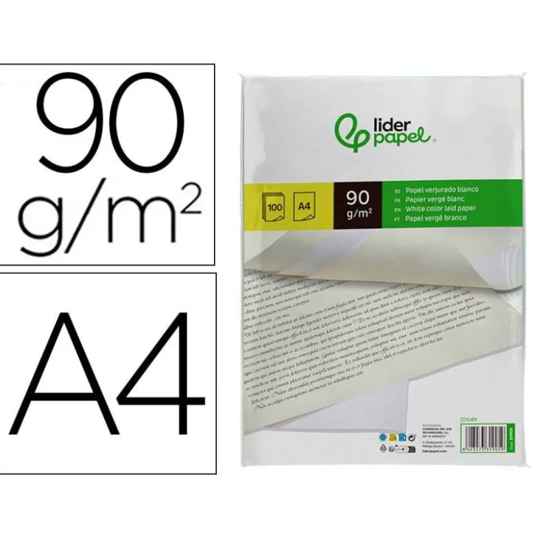 Papel verjurado liderpapel A4 90g/m2 blanco paquete de 100 hojas.