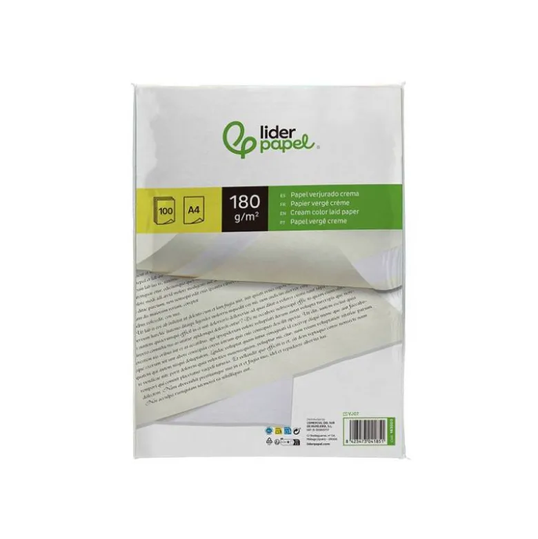 PAPEL VERJURADO LIDERPAPEL DIN A4 180G/M2 CREMA PAQUETE DE 100 HOJAS