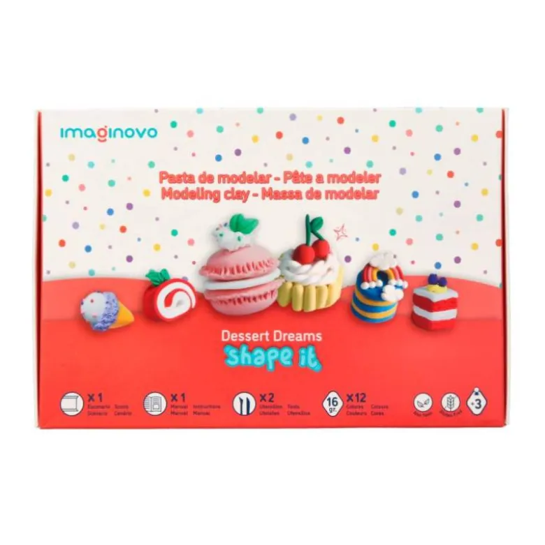 PASTA PARA MODELAR IMAGINOVO DE SECADO AL AIRE SET DE 12 COLORES SHAPE IT DESSERT DREAM HERRAMIENTAS E INSTRUCCIONES