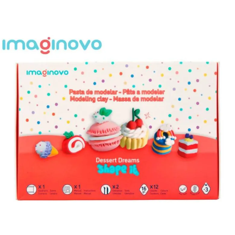 PASTA PARA MODELAR IMAGINOVO DE SECADO AL AIRE SET DE 12 COLORES SHAPE IT DESSERT DREAM HERRAMIENTAS E INSTRUCCIONES