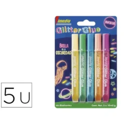 PEGAMENTO IMEDIO GLITTER GLUE BRILLA EN LA OSCURIDAD PARA MANUALIDADES 10 ML BLISTER DE 5 UNIDADES COLORES SURTIDOS