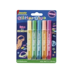 PEGAMENTO IMEDIO GLITTER GLUE BRILLA EN LA OSCURIDAD PARA MANUALIDADES 10 ML BLISTER DE 5 UNIDADES COLORES SURTIDOS