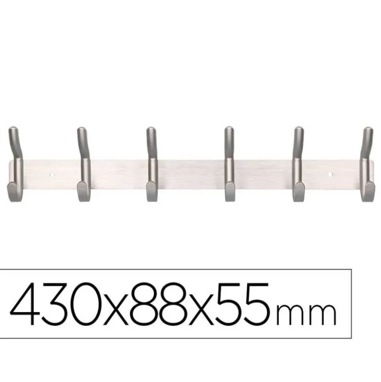 PERCHERO LIDERPAPEL PARED METALICO 6 COLGADORES COLOR PLATA MATE 430X88X55 MM