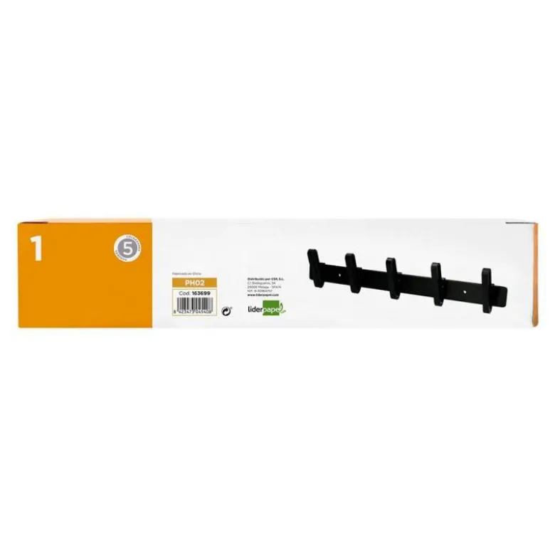 PERCHERO LIDERPAPEL PARED METALICO 5 COLGADORES COLOR NEGRO 430X88X55 MM