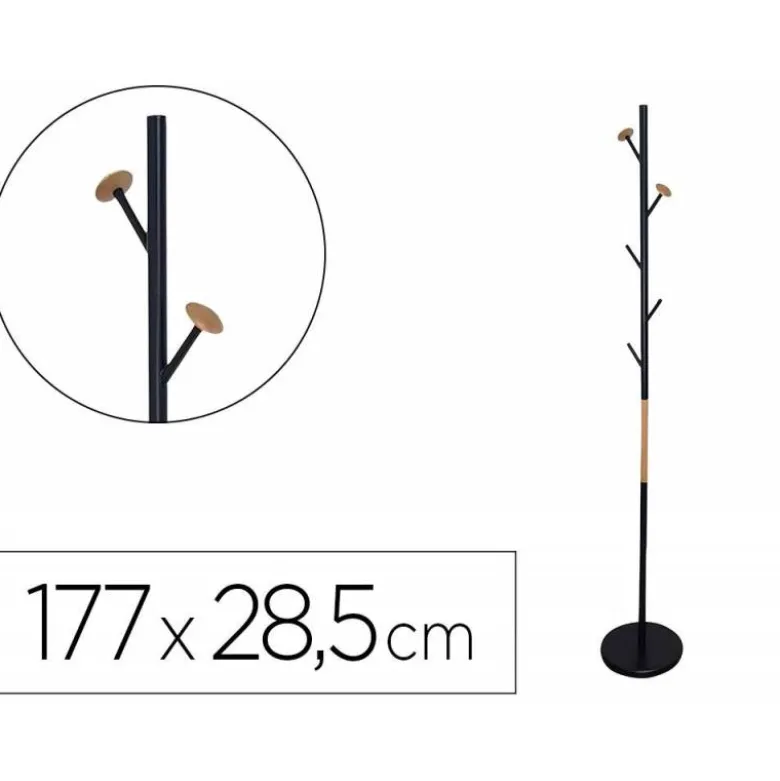 PERCHERO METALICO Q-CONNECT NEGRO CON DETALLES DE MADERA 5 COLGADORES 177X28,5 CM