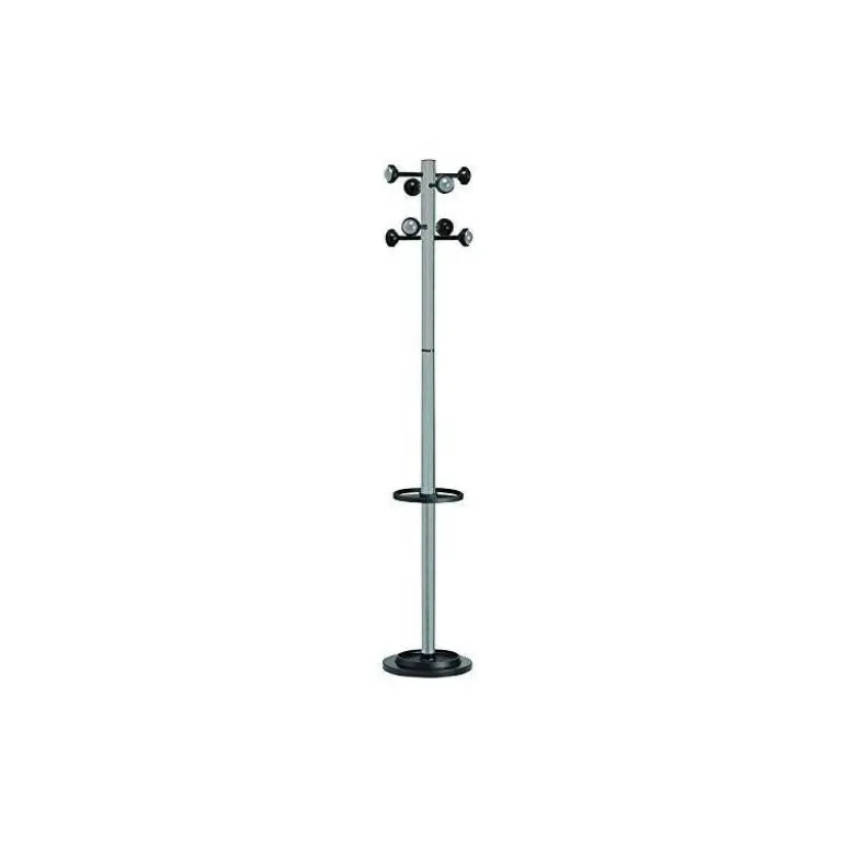 PERCHERO METALICO UNILUX ACCUEIL PIE 8 COLGADORES CON PARAGUERO Y BANDEJA GOTEO GRIS METALIZADO 177 X 38 CM