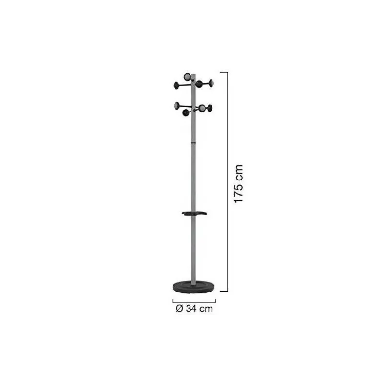 PERCHERO METALICO UNILUX ACCUEIL PIE 8 COLGADORES CON PARAGUERO Y BANDEJA GOTEO GRIS METALIZADO 177 X 38 CM