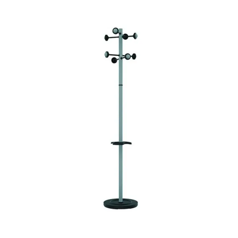 PERCHERO METALICO UNILUX ACCUEIL PIE 8 COLGADORES CON PARAGUERO Y BANDEJA GOTEO GRIS METALIZADO 177 X 38 CM
