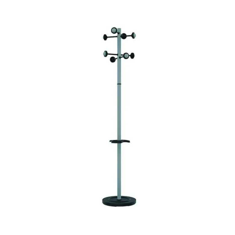 PERCHERO METALICO UNILUX ACCUEIL PIE 8 COLGADORES CON PARAGUERO Y BANDEJA GOTEO GRIS METALIZADO 177 X 38 CM