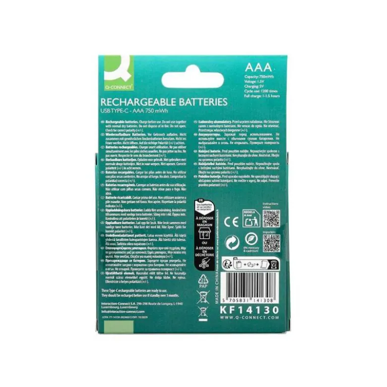 PILA Q-CONNECT AAA RECARGABLE POR USB-C BLISTER DE 4 UNIDADES